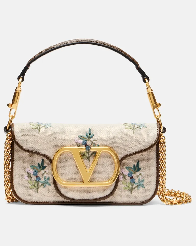 Valentino Garavani Bestickte Henkeltasche Locò Small aus Leinen Beige