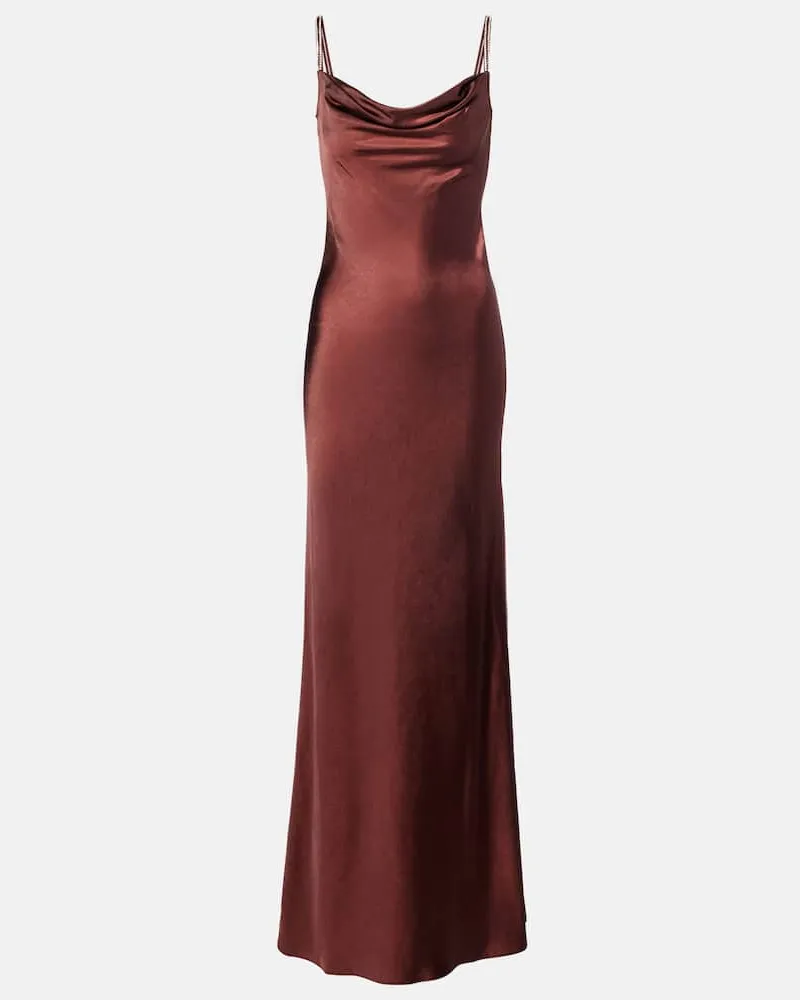 Self-Portrait Robe aus Satin mit Kristallen Braun