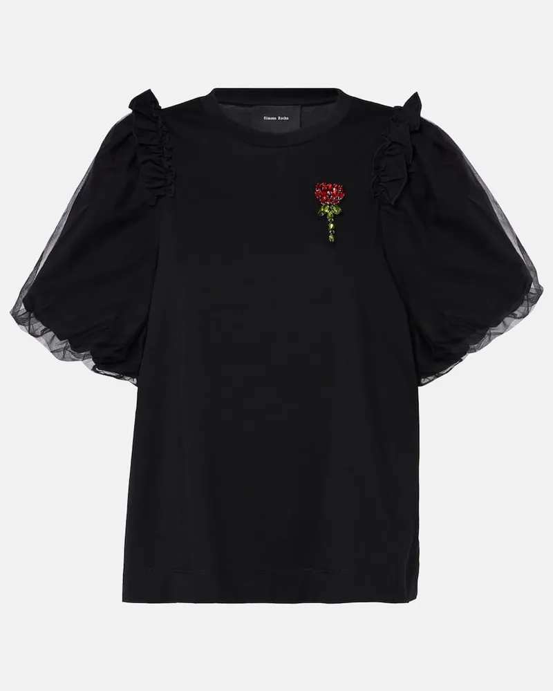 Simone Rocha Verziertes Top aus Tüll und Jersey Schwarz