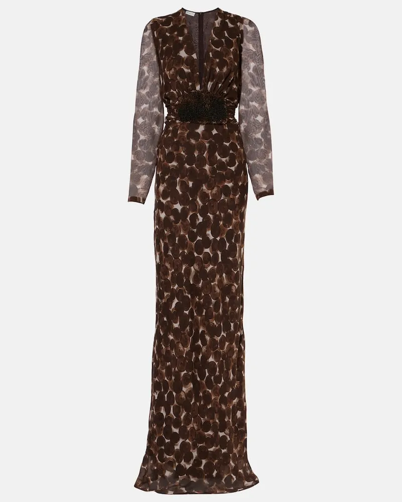 Dries van Noten Bedruckte Robe aus Seide Braun