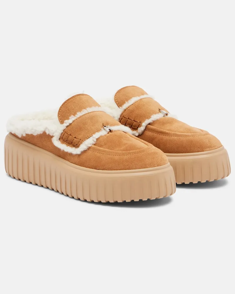 Hogan Slippers aus Veloursleder mit Shearling Beige