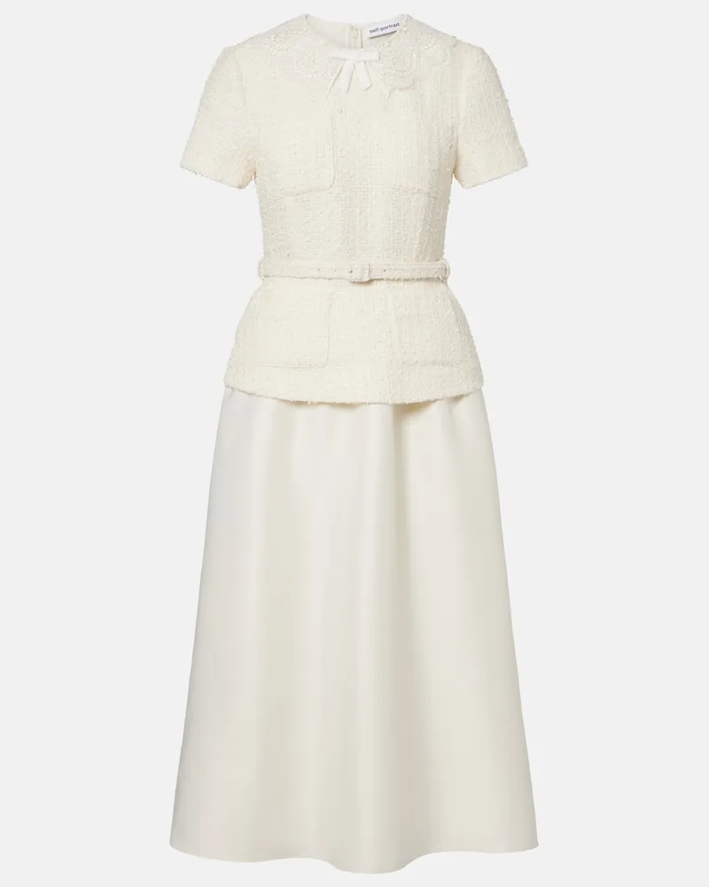 Self-Portrait Midikleid aus Bouclé und Taft mit Spitze Weiß
