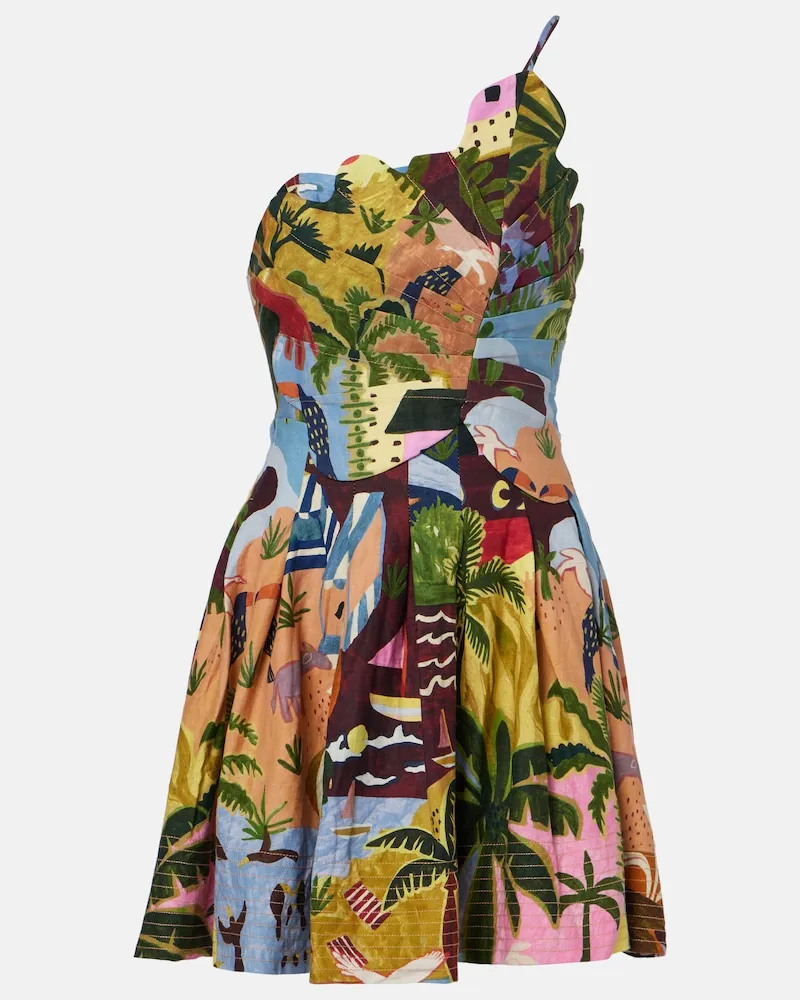 FARM Rio One-Shoulder-Minikleid Tropical Painting aus Baumwolle Multicolor