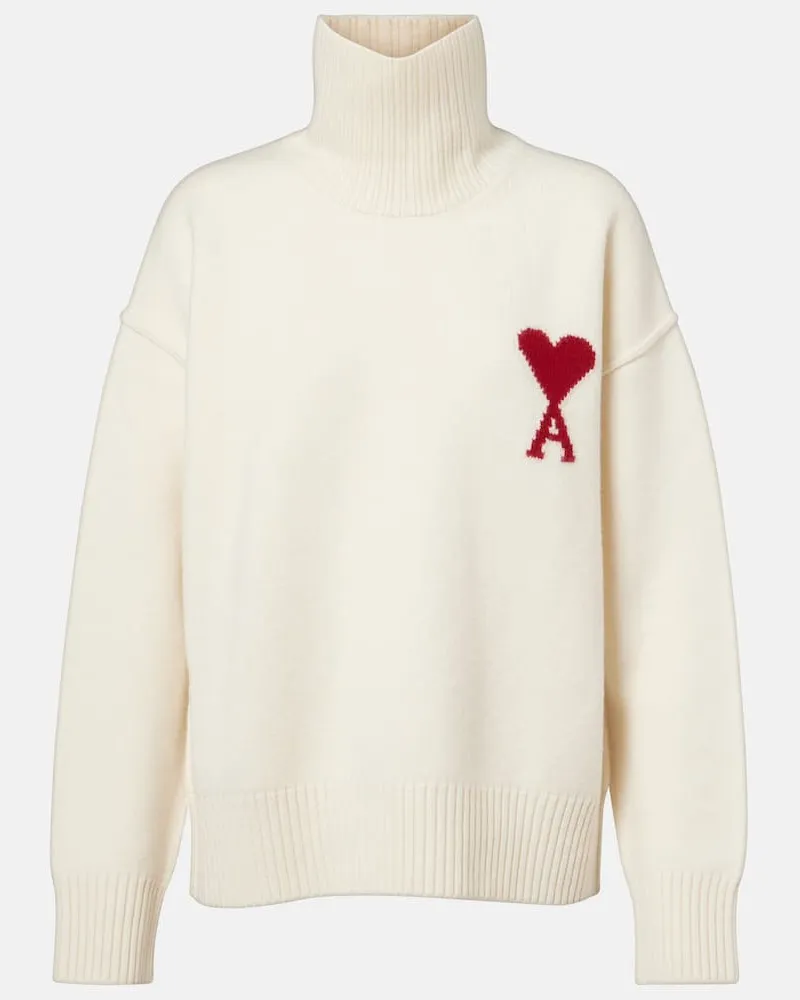 AMI Paris Rollkragenpullover Ami de Cœur aus Schurwolle Weiß