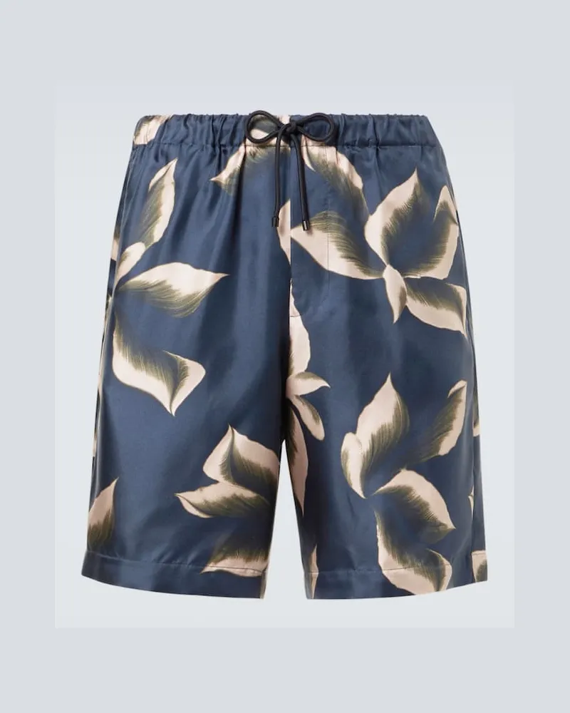 Dries van Noten Bedruckte Shorts aus Seide Blau