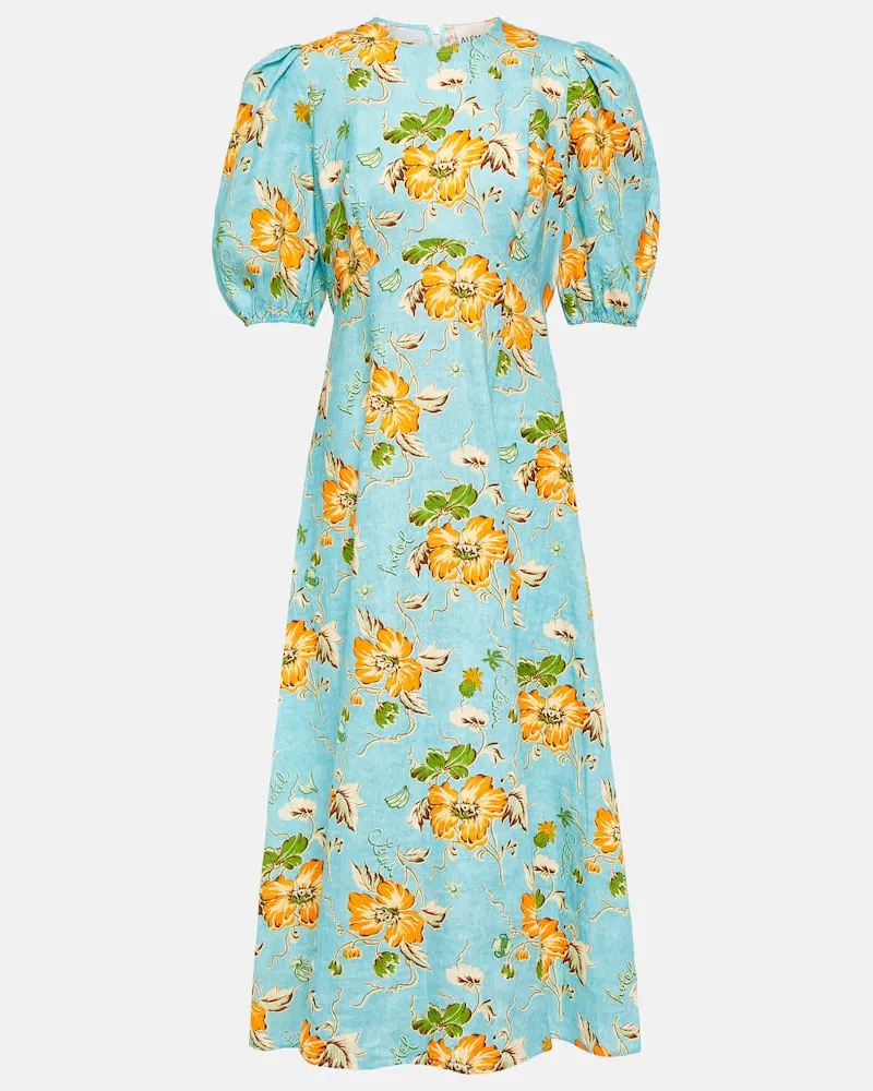 ALEMAIS Alémais Bedrucktes Midikleid aus Leinen Blau