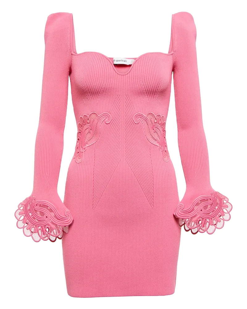 Self-Portrait Minikleid aus Rippstrick mit Spitze Rosa