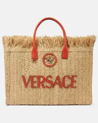 Versace Shopper La Medusa aus Stroh mit Leder Beige