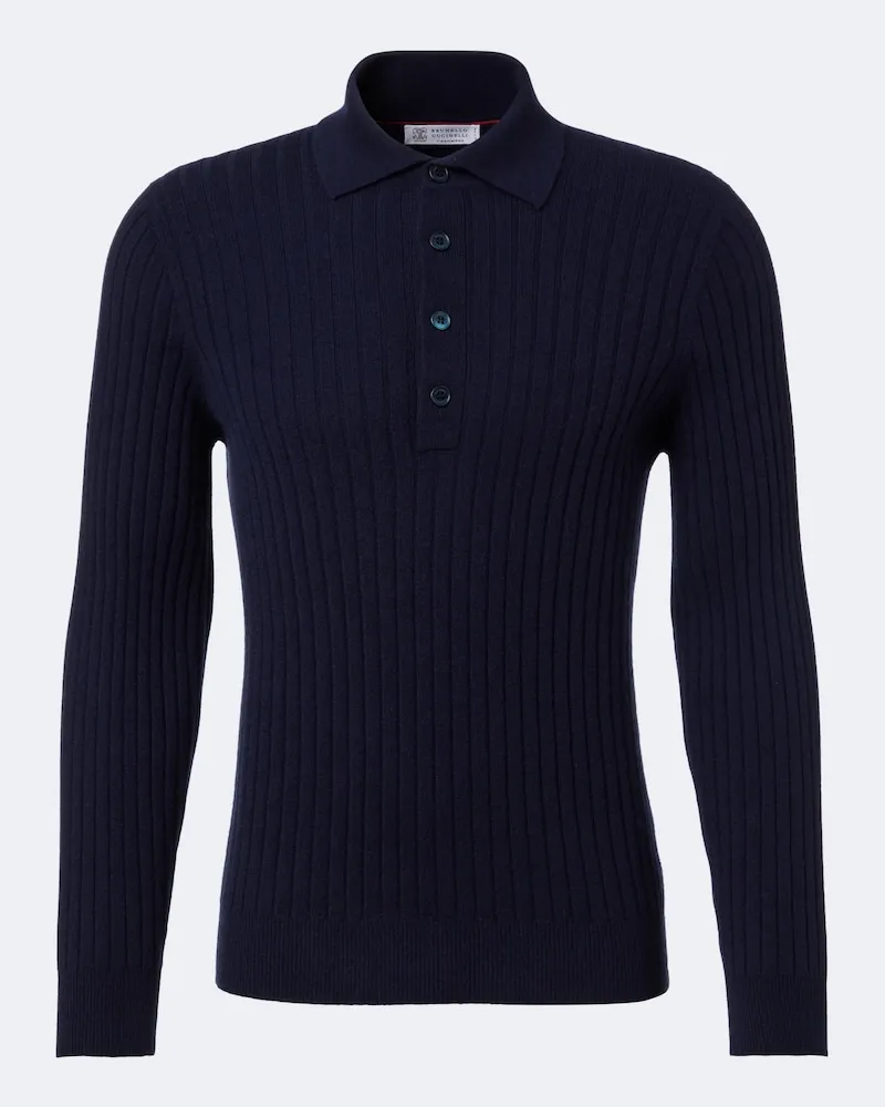 Brunello Cucinelli Gerippter Polopullover aus Kaschmir Blau