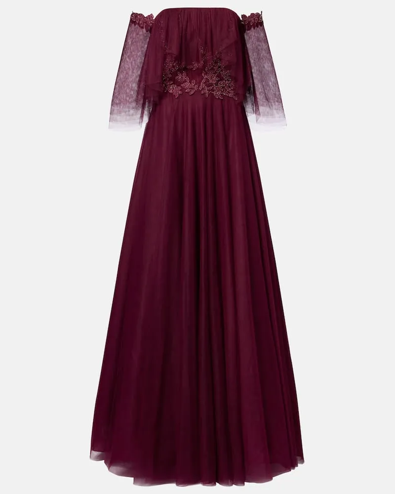 COSTARELLOS Verzierte Off-Shoulder-Robe aus Tüll Burgunderrot