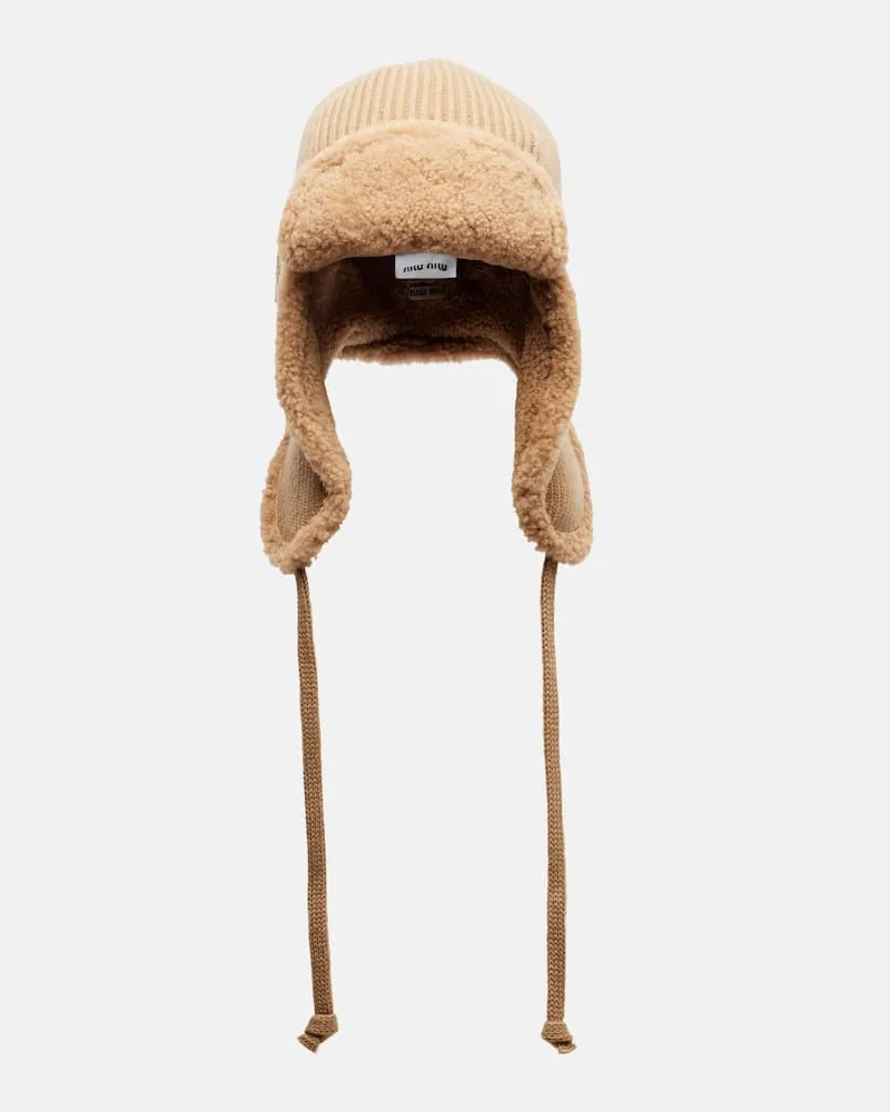 Miu Miu Mütze aus Wolle und Kaschmir mit Shearling Braun