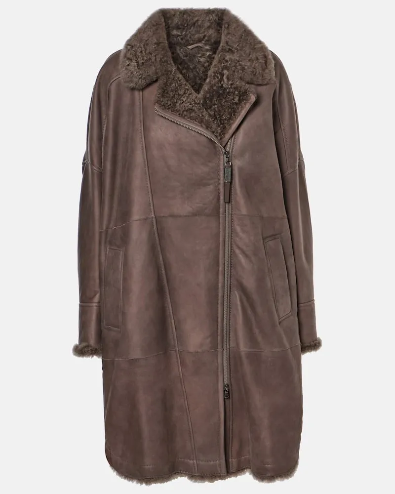 Brunello Cucinelli Mantel aus Leder mit Shearling Braun