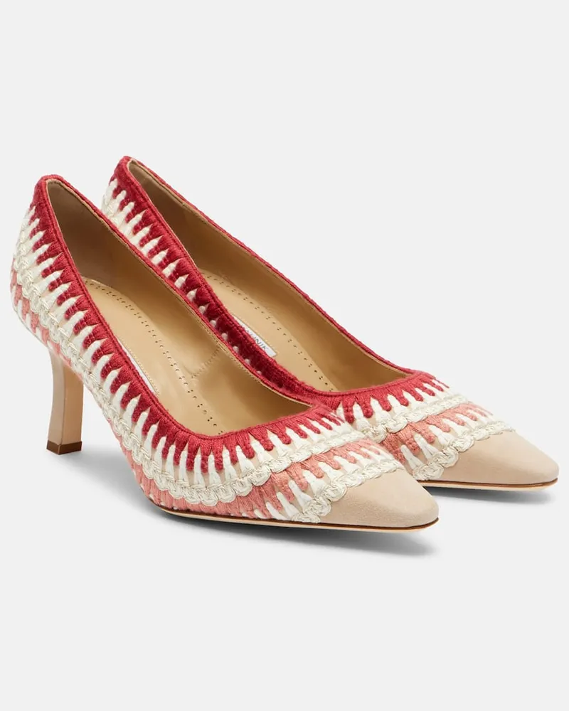 Manolo Blahnik Pumps Ombohi 70 aus Veloursleder und Häkelstrick Beige