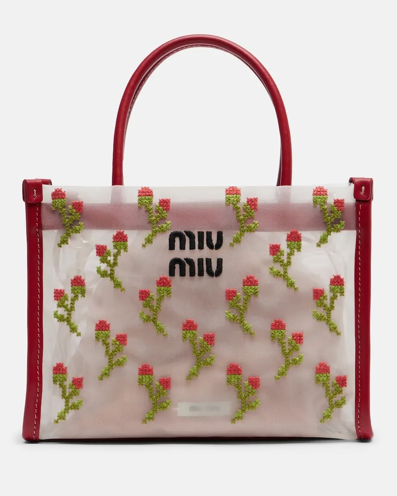 Miu Miu Bestickte Tasche aus Mesh mit Leder und Leder Rot