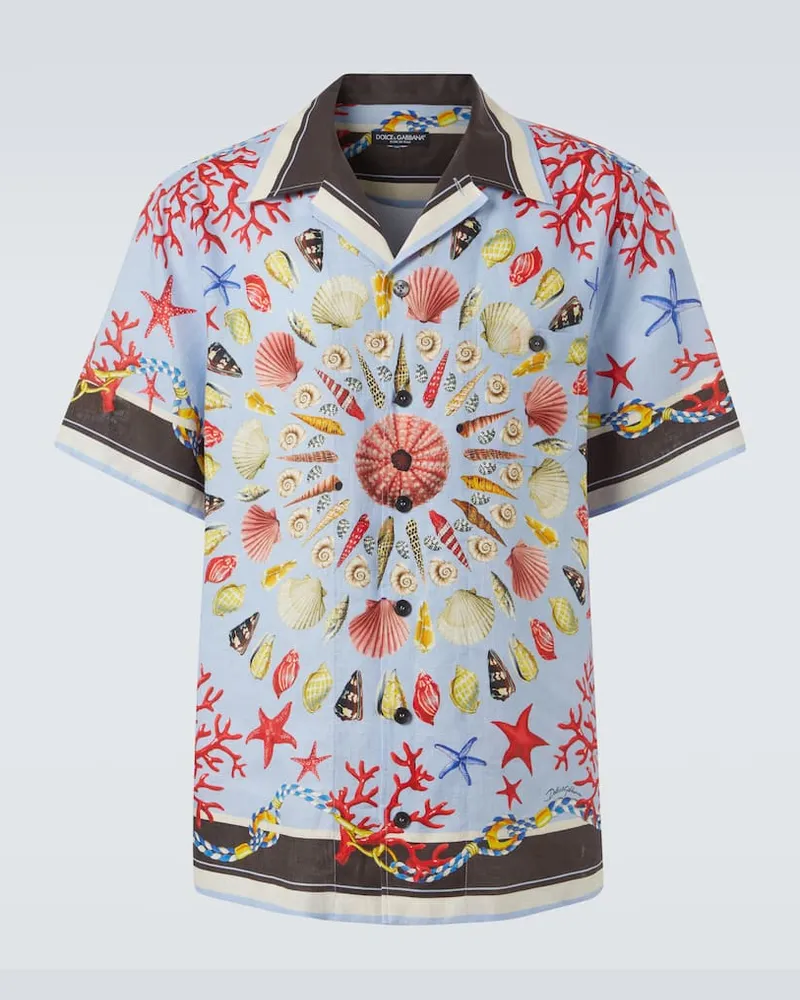 Dolce & Gabbana Bedrucktes Hemd aus Leinen-Canvas Blau