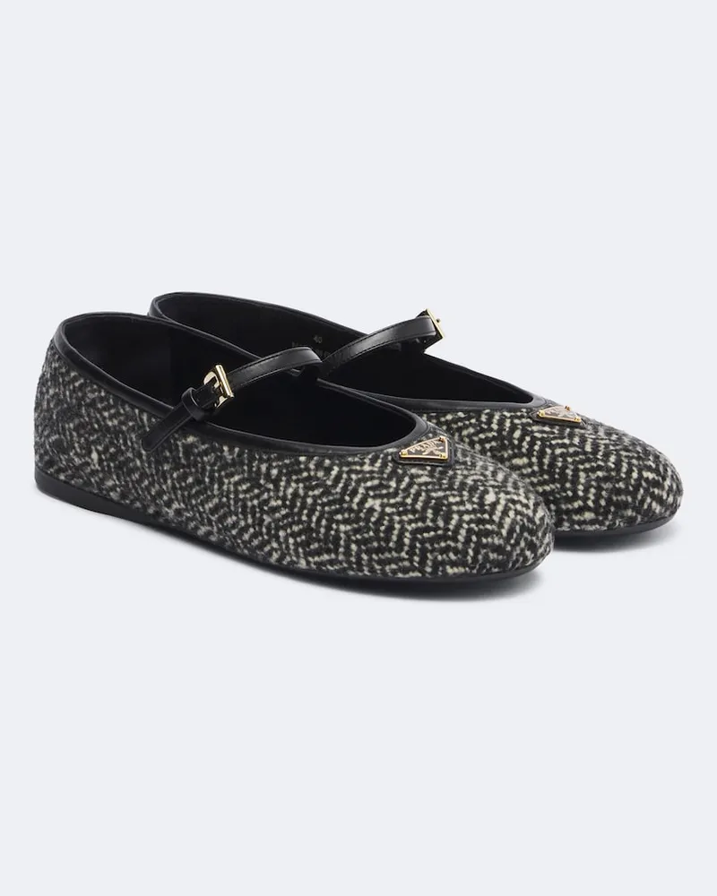 Prada Ballerinas Mary Jane aus Tweed mit Leder Schwarz