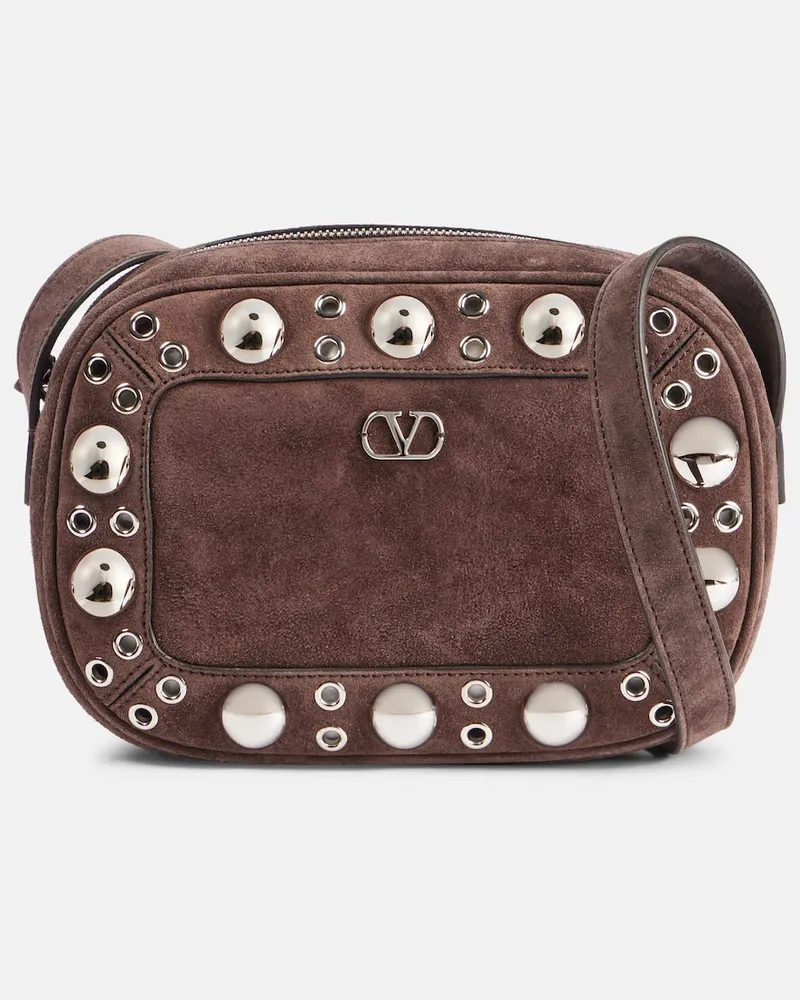 Valentino Garavani Schultertasche Nellcôte Small aus Veloursleder Braun