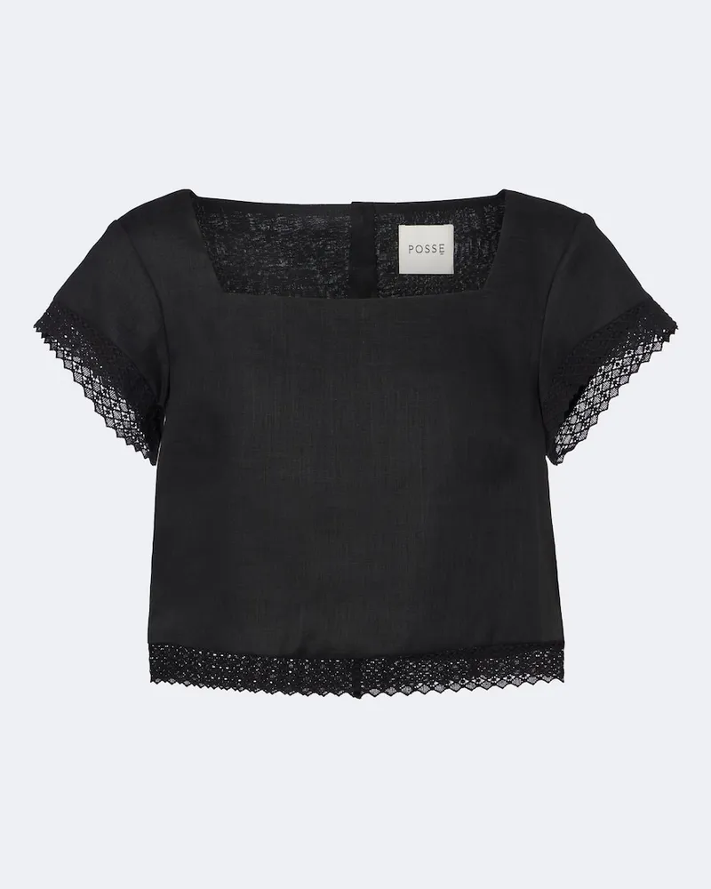 Posse Besticktes Cropped Top Alfie aus Leinen Schwarz