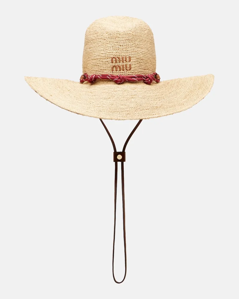 Miu Miu Hut aus Raffiabast mit Lederbesatz Beige