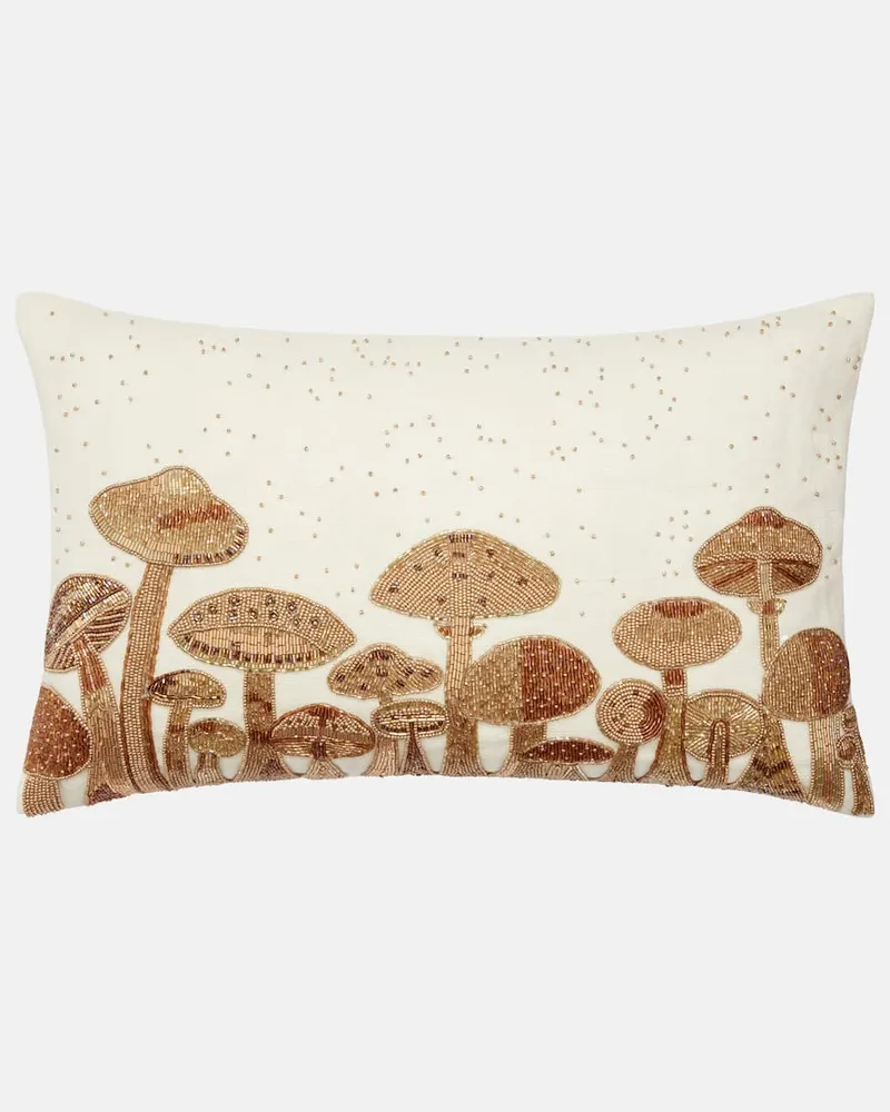 Jonathan Adler Verziertes Kissen Mushroom Field aus Leinen Weiß