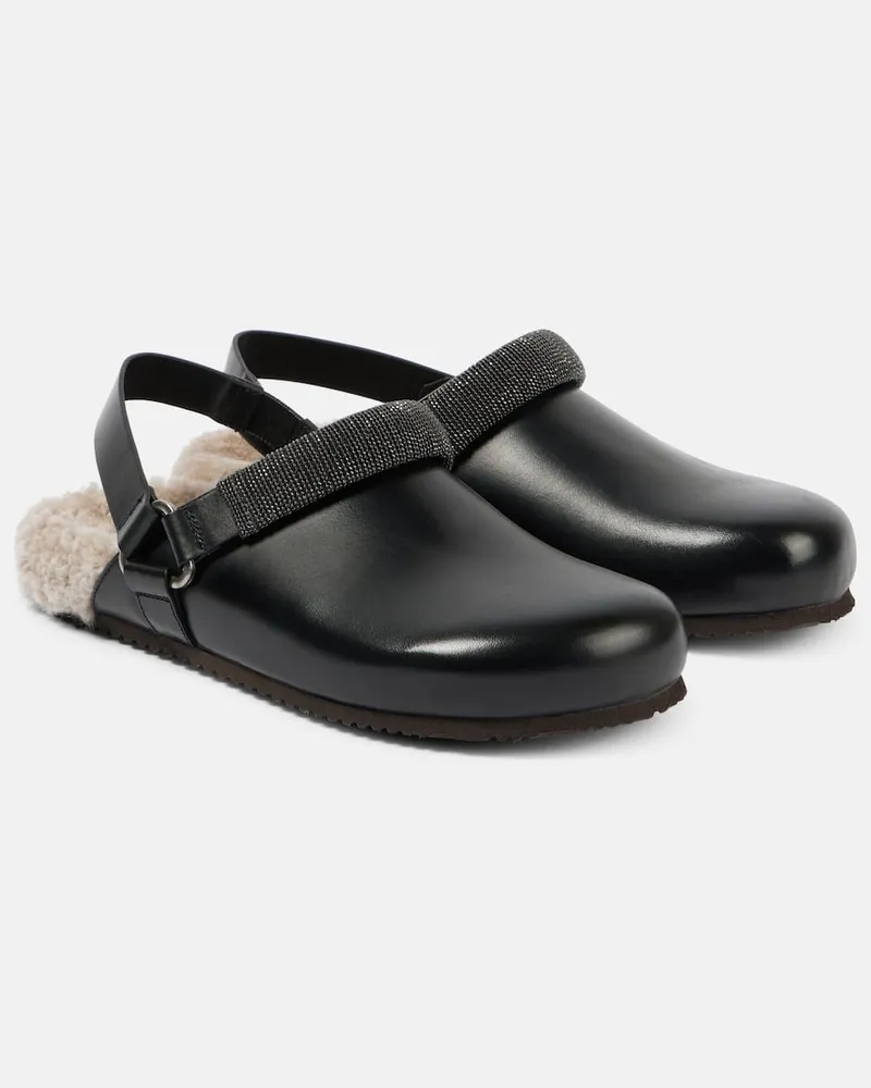 Brunello Cucinelli Verzierte Slippers aus Leder mit Shearling Schwarz