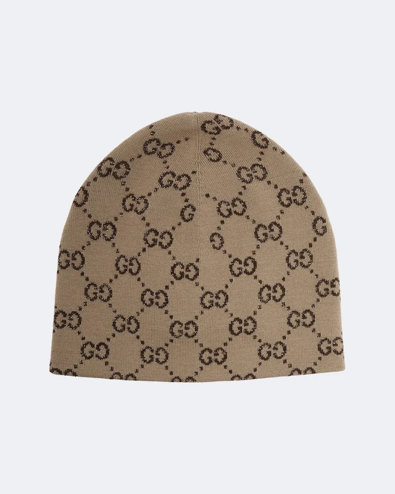 Gucci Mütze GG aus Lamé und Jacquard-Strick Beige