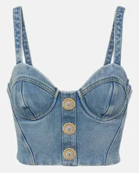 Balmain Cropped-Bustier-Top aus Denim Blau