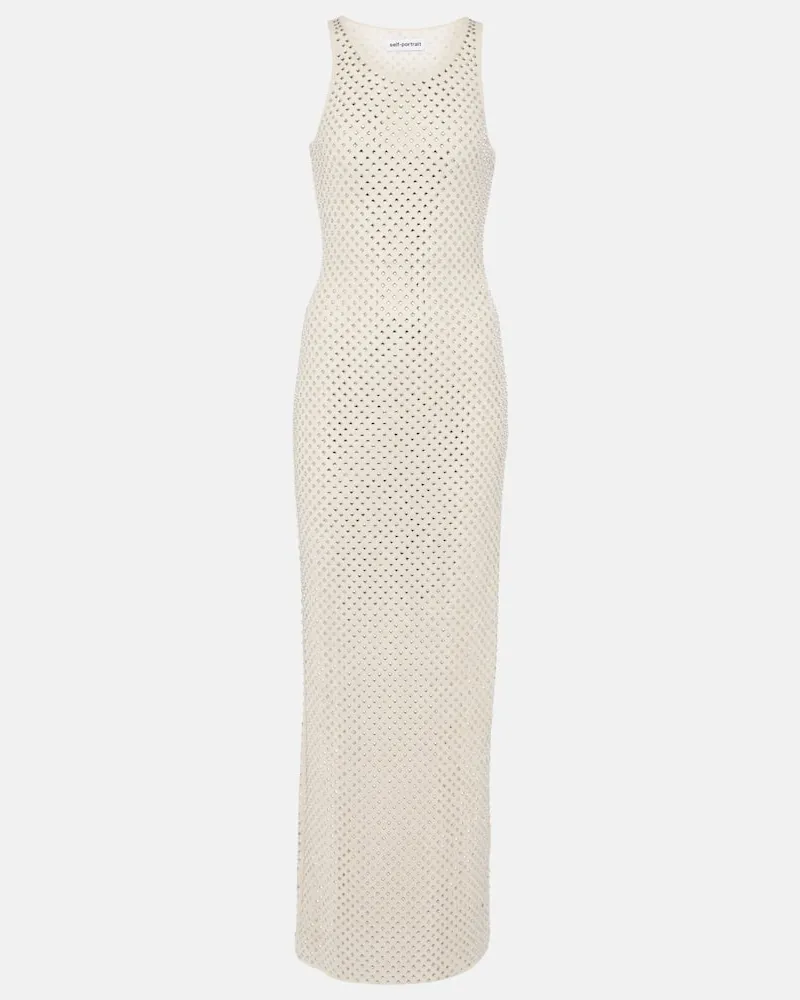 Self-Portrait Verziertes Maxikleid aus Mesh Neutral