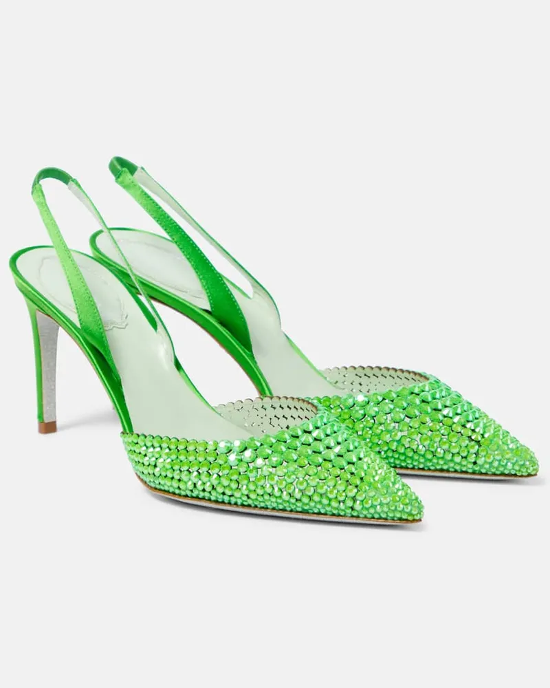 René Caovilla Verzierte Slingback-Pumps aus Satin Grün