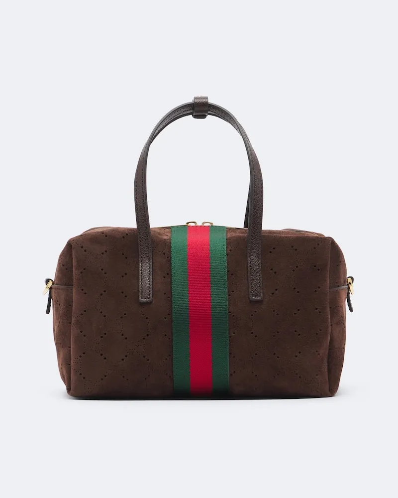 Gucci Handtasche Web Stripe Small aus Veloursleder Braun