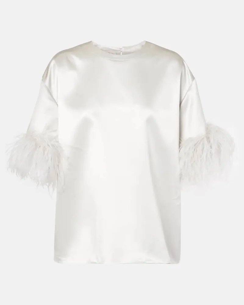 Valentino Garavani Top aus Seidensatin mit Federn Weiss