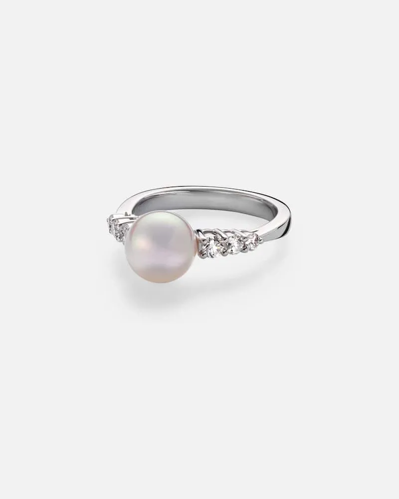 Mikimoto Ring aus 18kt Weißgold mit Diamanten und Akoyaperle Silber