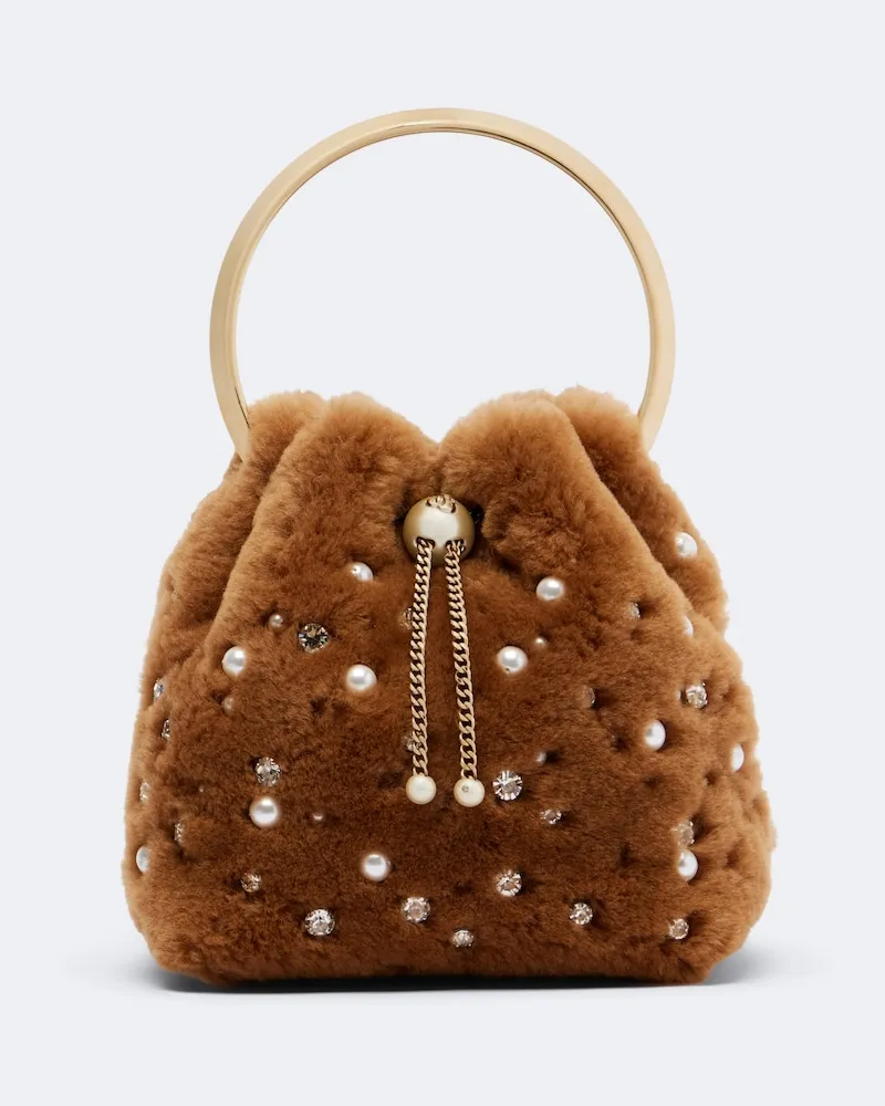 Jimmy Choo Bucket Bag Bon Bon Small aus Shearling Braun