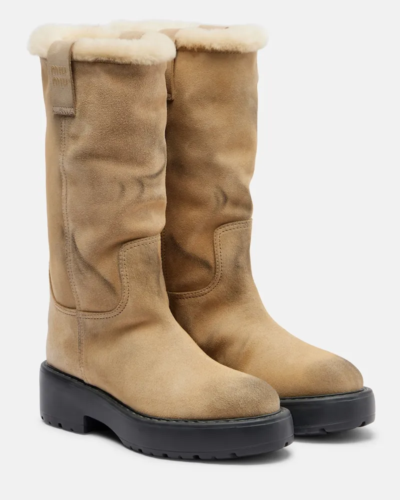 Miu Miu Stiefel aus Veloursleder mit Shearling Beige