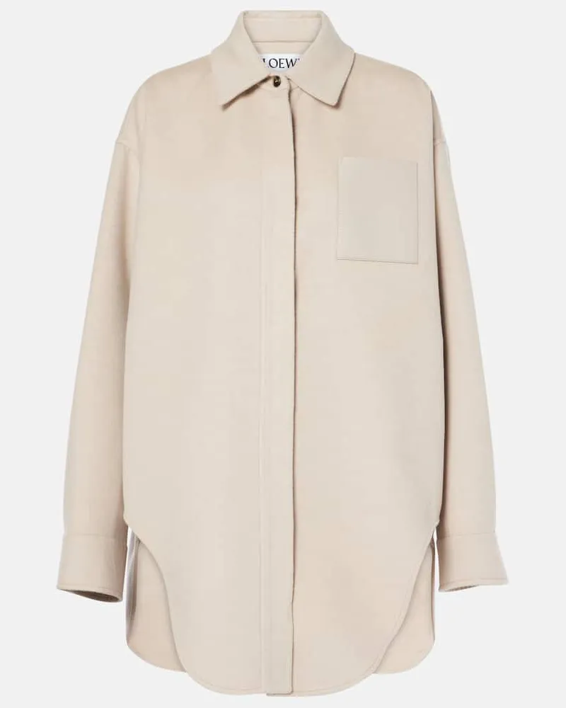 Loewe Hemdjacke aus Wolle und Kaschmir mit Leder Beige