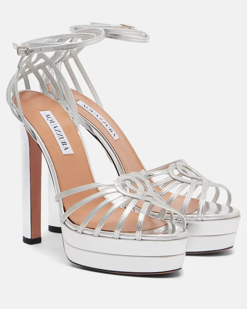 Aquazzura Plateausandalen Sweetheart aus Metallic-Leder Silber