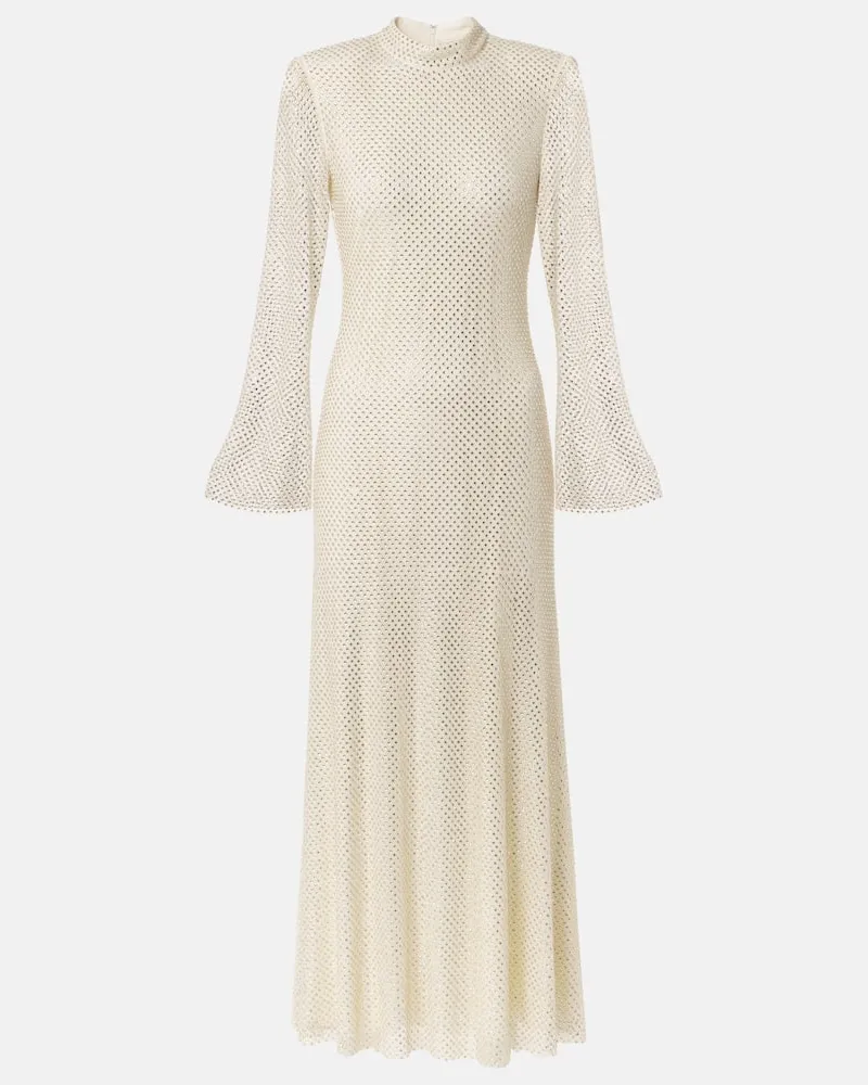 Self-Portrait Maxikleid aus Mesh mit Kristallen Weiß