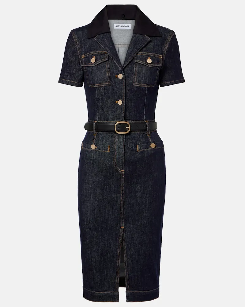 Self-Portrait Midikleid aus Denim Blau