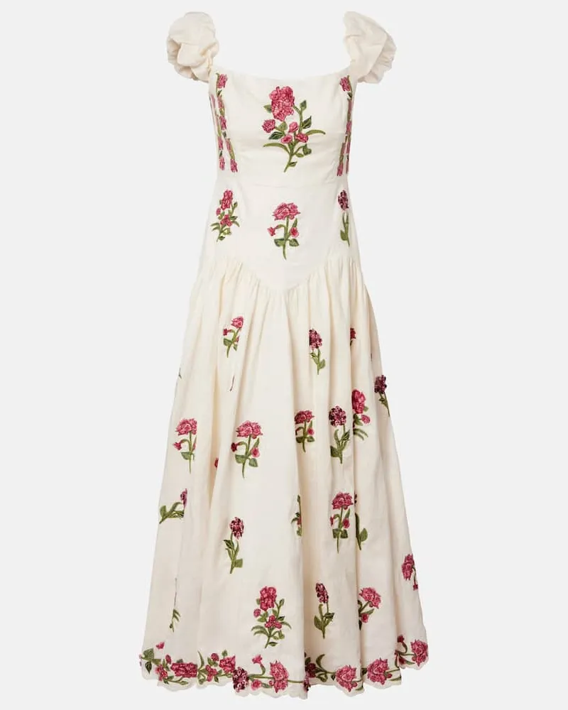 AGUA BENDITA Besticktes Maxikleid Siembra aus Leinen Weiß