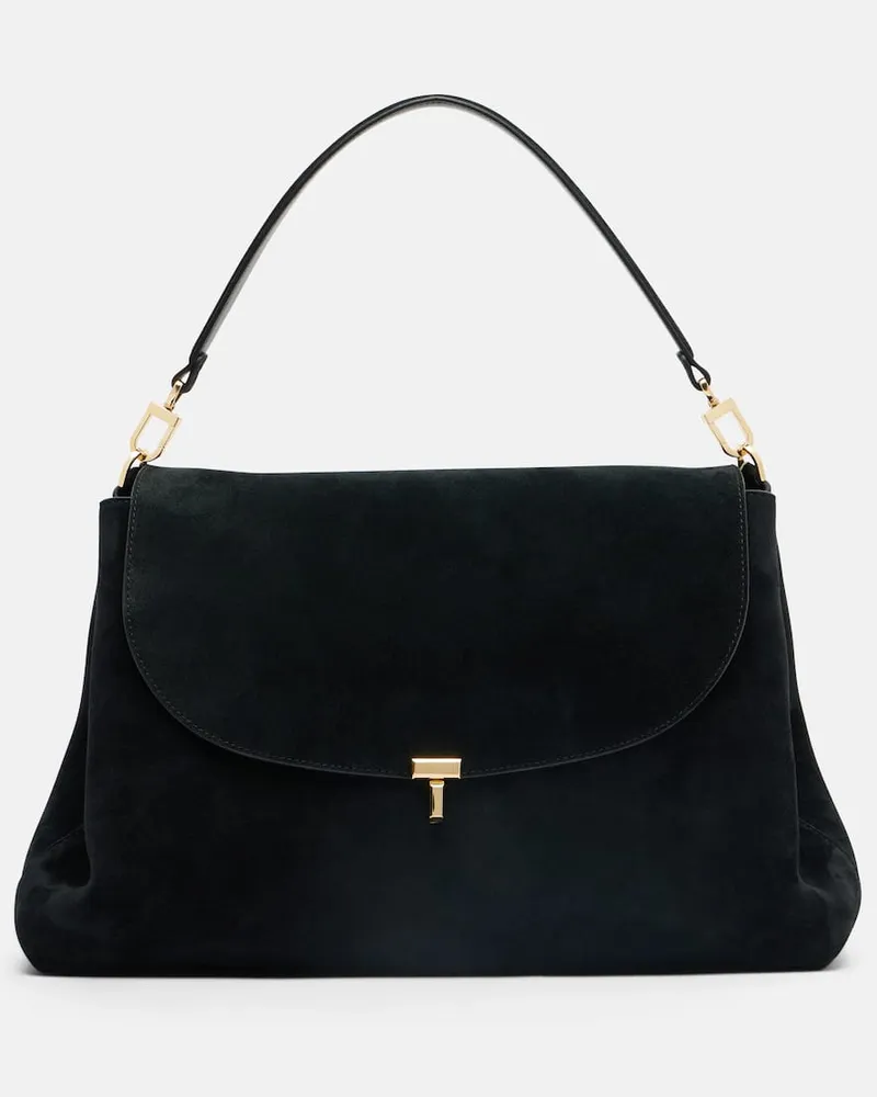 Totême Schultertasche T-Lock aus Veloursleder Schwarz