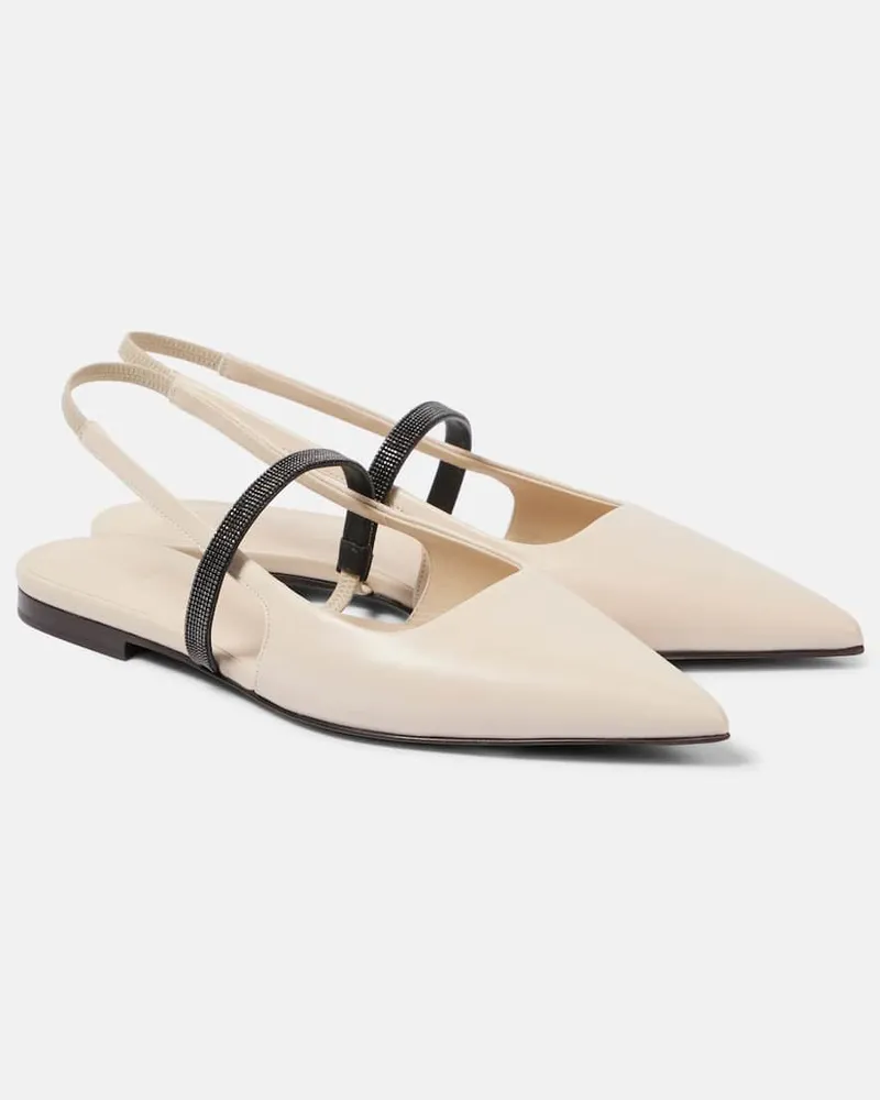 Brunello Cucinelli Verzierte Slingback-Ballerinas Pointy aus Leder Beige