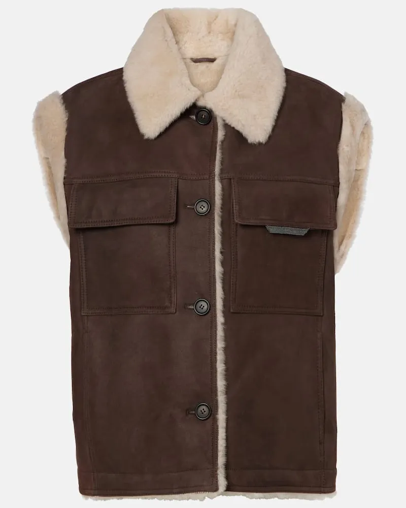 Brunello Cucinelli Weste aus Veloursleder mit Shearling Braun