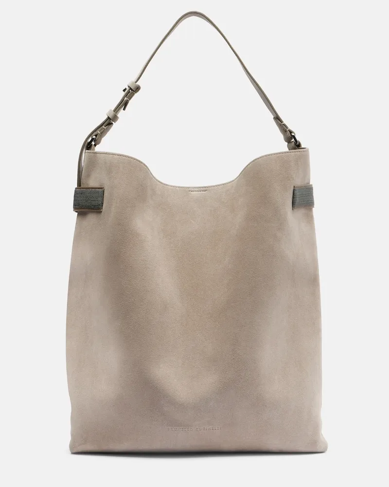 Brunello Cucinelli Tote Bag Essence Monili Large aus Veloursleder Grau