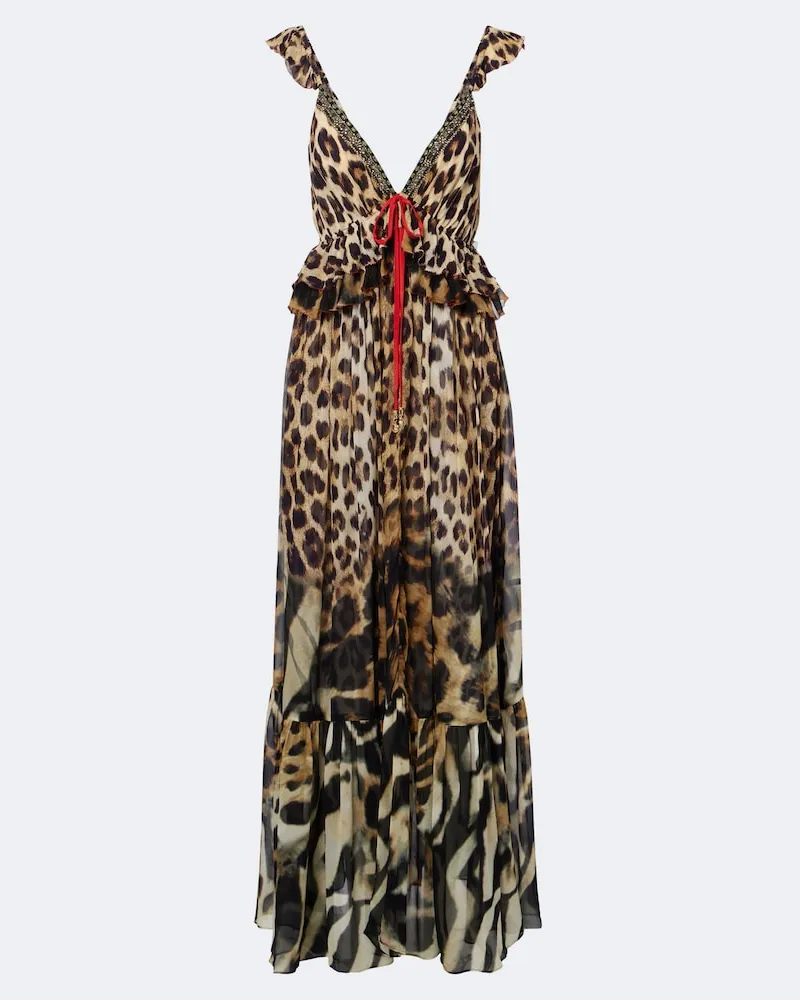 Camilla Verziertes Maxikleid aus Seidenchiffon Multicolor