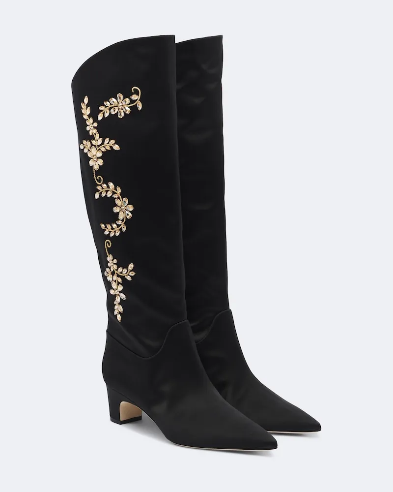 Manolo Blahnik Verzierte Stiefel Dispasa aus Satin Schwarz
