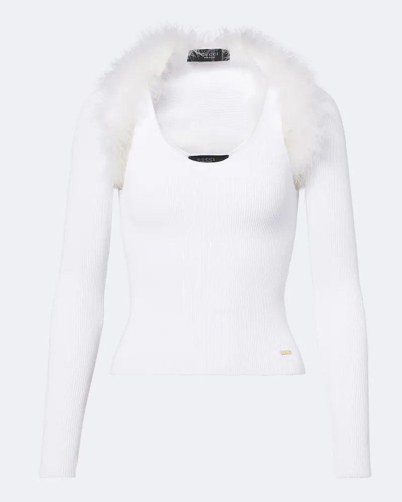 Gucci Set aus Bolero und Top aus Rippstrick mit Federn Weiß