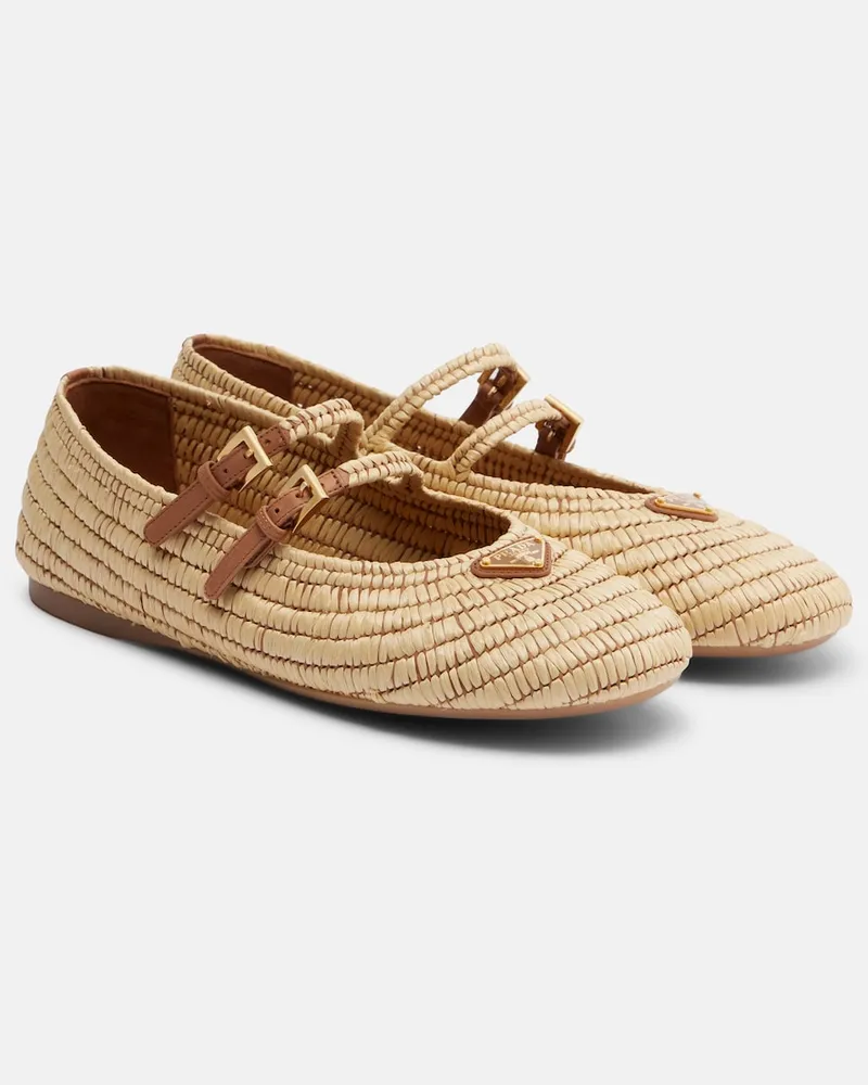 Prada Mary-Jane-Ballerinas aus Häkelstrick mit Leder Beige