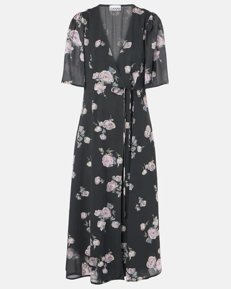 Ganni Bedrucktes Wickelkleid aus Crêpe Schwarz