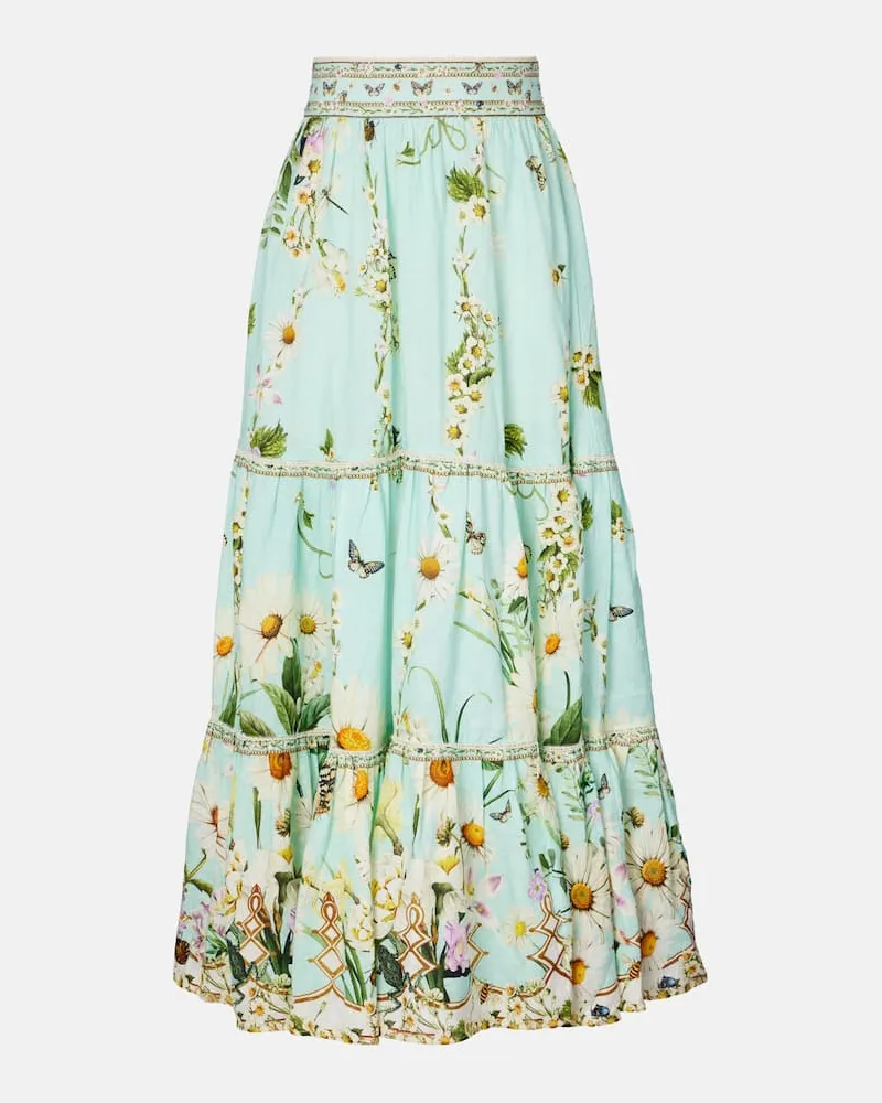 Camilla Maxirock Floral Freefall aus Leinen Blau