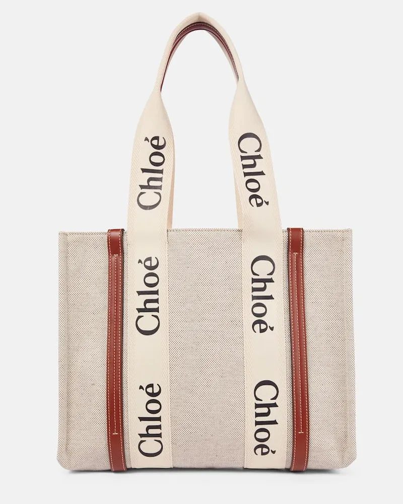 Chloé Chloé Tote Bag Woody Medium aus Canvas Weiß